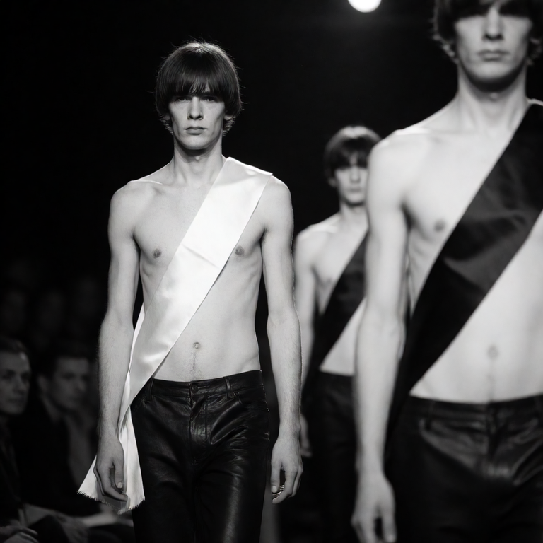 Gesicht & Fiktion #20261022-140029-3 – KI-generiertes Bild: Black and white analog runway photograph, backstage-to-catwalk moment, shot from the front at eye level with a telephoto lens.